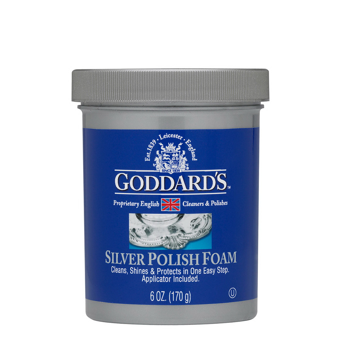Goddard's 6 oz Long Shine Silver Foam Polish for furniture, showing the silver foam polish container with label and product details.