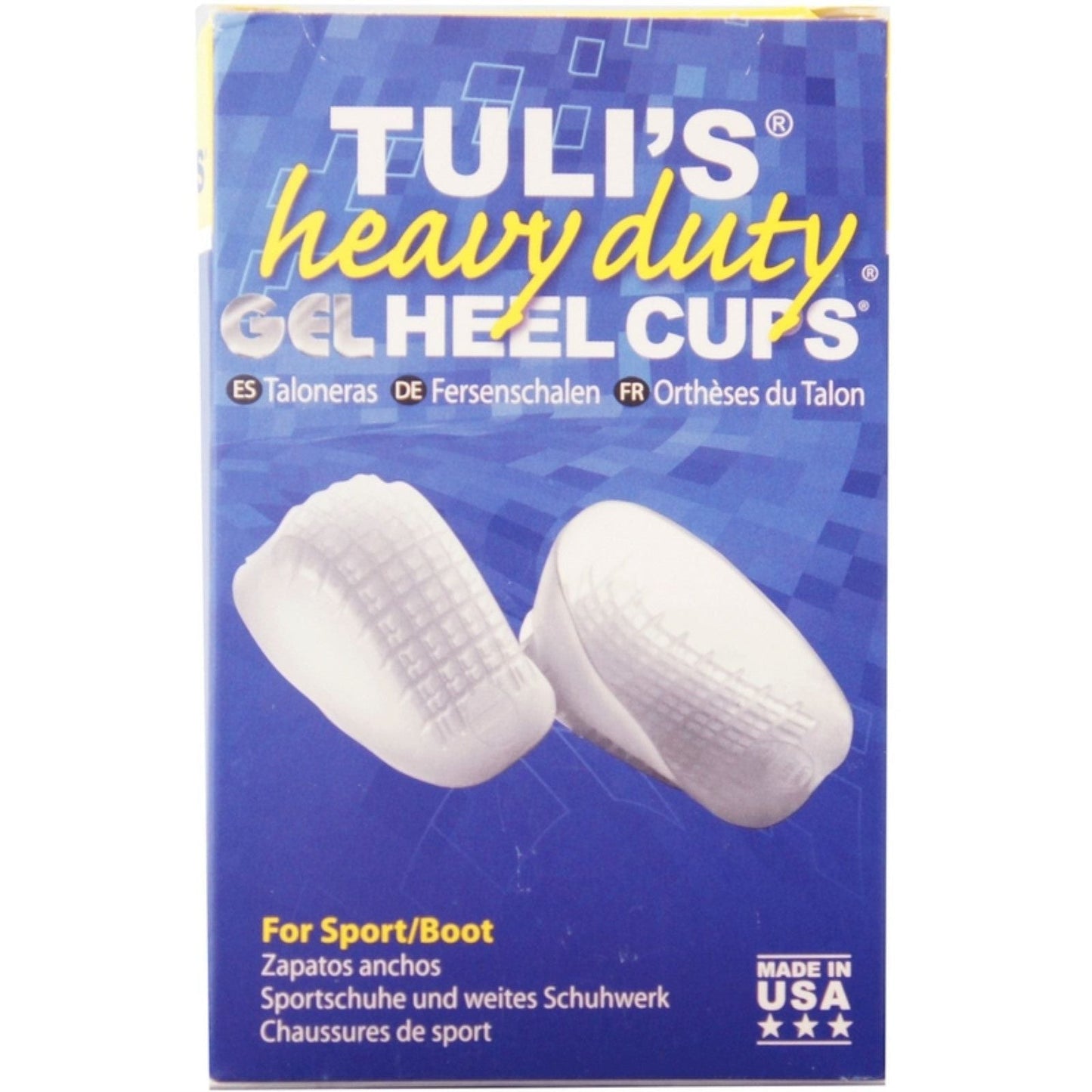 Pair of Pasteur Pharmacy TuliS Gel Heel Cups in large size with heavy-duty support for over 175 lbs, designed for heel comfort.