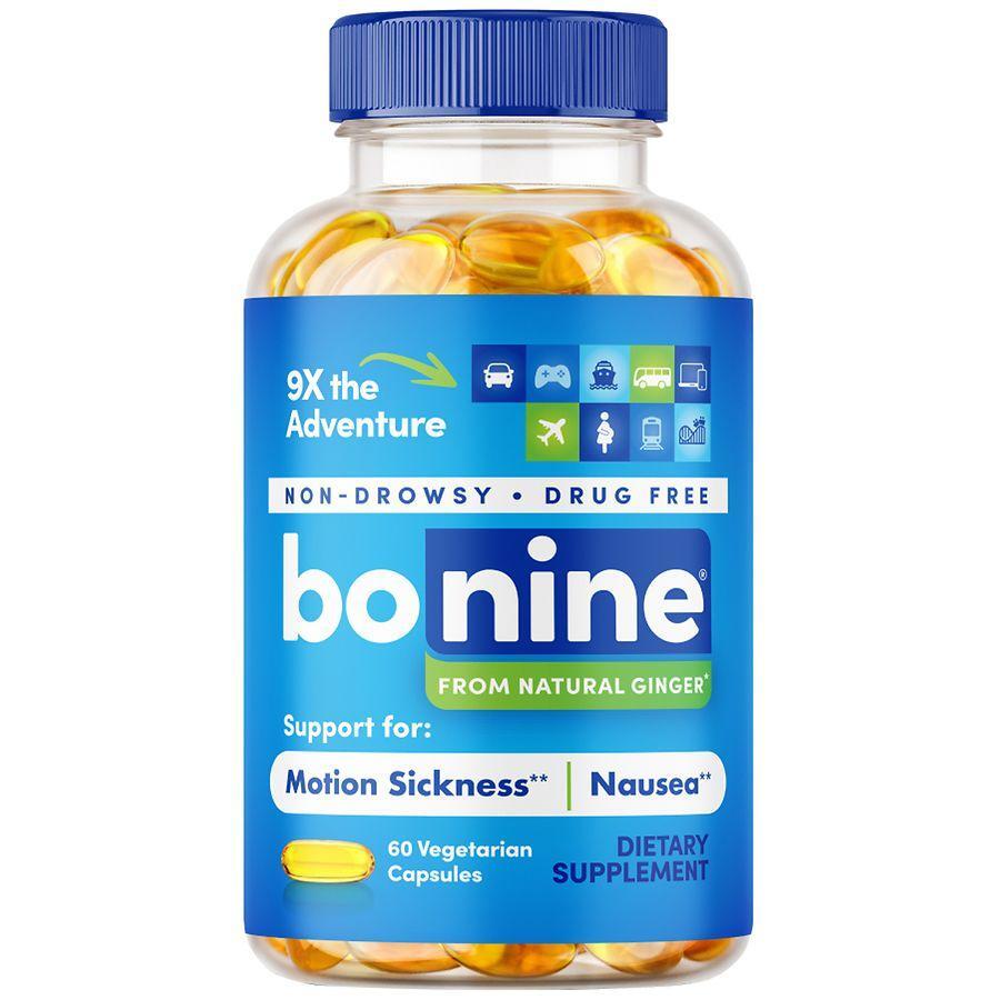 Bonine Ginger Root Extract Liquid Capsules by Pasteur Pharmacy for non-drowsy motion sickness relief, featuring ginger root capsules.