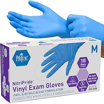 Leader™ Powder-Free Vinyl Exam Gloves in Medium, 100 count, pasteur pharmacy brand, showing the gloves laid flat for exam use.