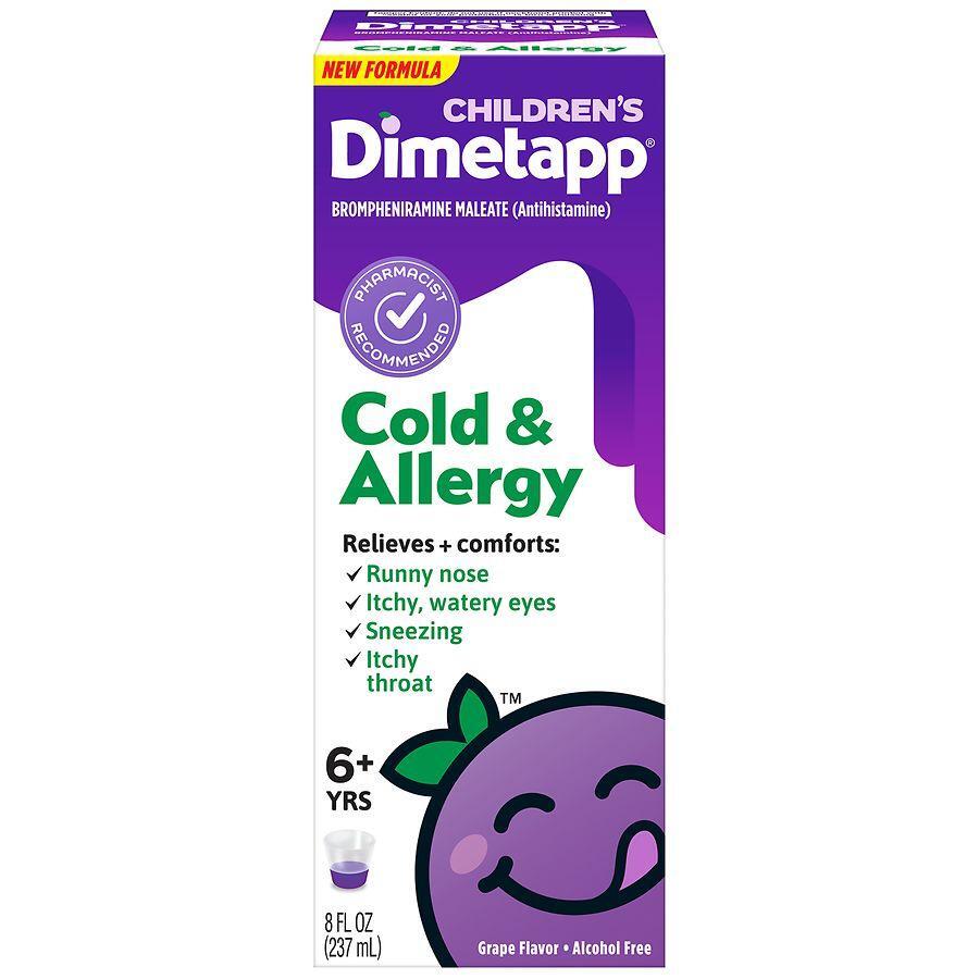 Children's Dimetapp grape-flavored cold and allergy syrup in an 8 fl oz bottle, designed for kids 6 years and older.