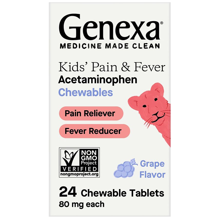 Genexa Kids Acetaminophen grape-flavor chewable tablets on a bed of grapes, used for children’s pain relief and fever reduction.