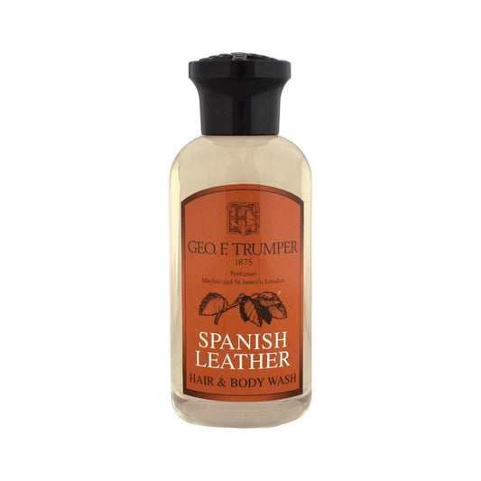 Geo. F. Trumper Spanish Leather Hair and Body Wash in a 100ml bottle, natural grooming product for hair and skin.