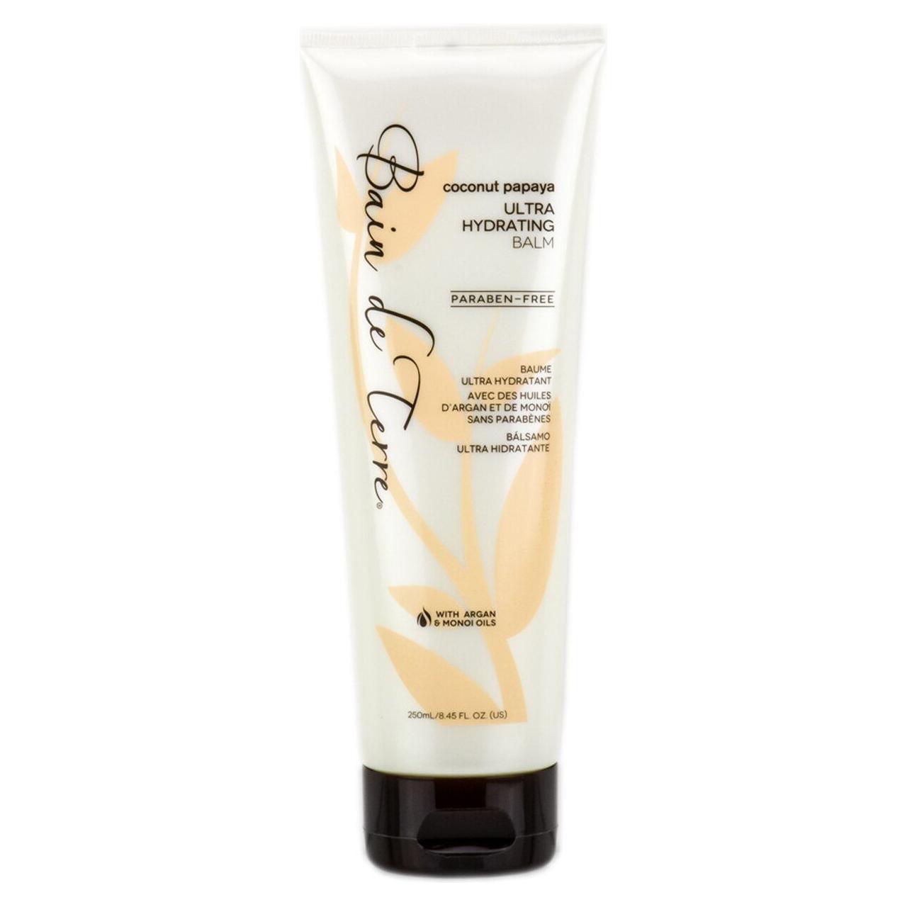Bain De Terre Coconut Papaya ultra hydrating hair balm in 8.45 fl oz jar, natural hair care product with coconut and papaya ingredients