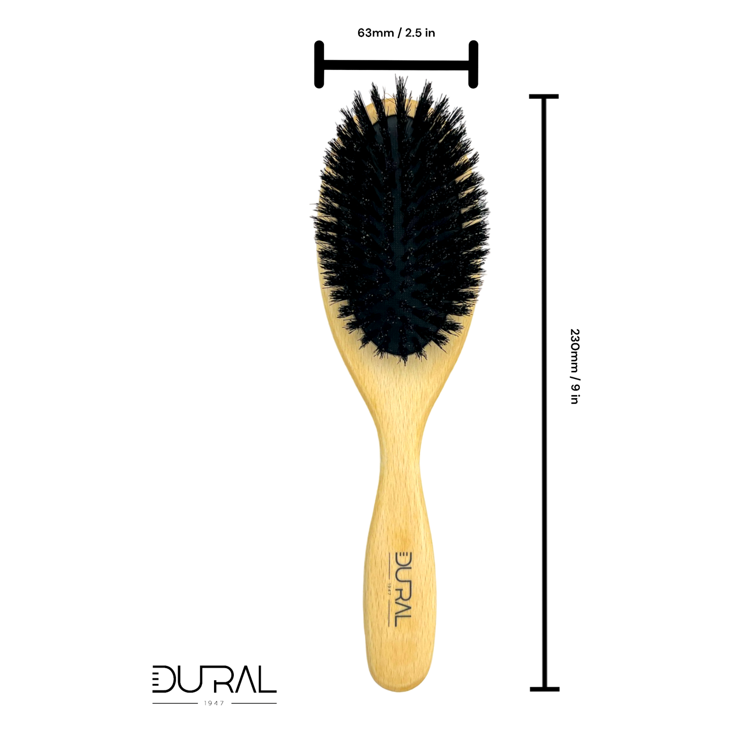 Dural Beech wood rubber cushion hair brush with boar bristles for gentle, effective hair detangling and styling.