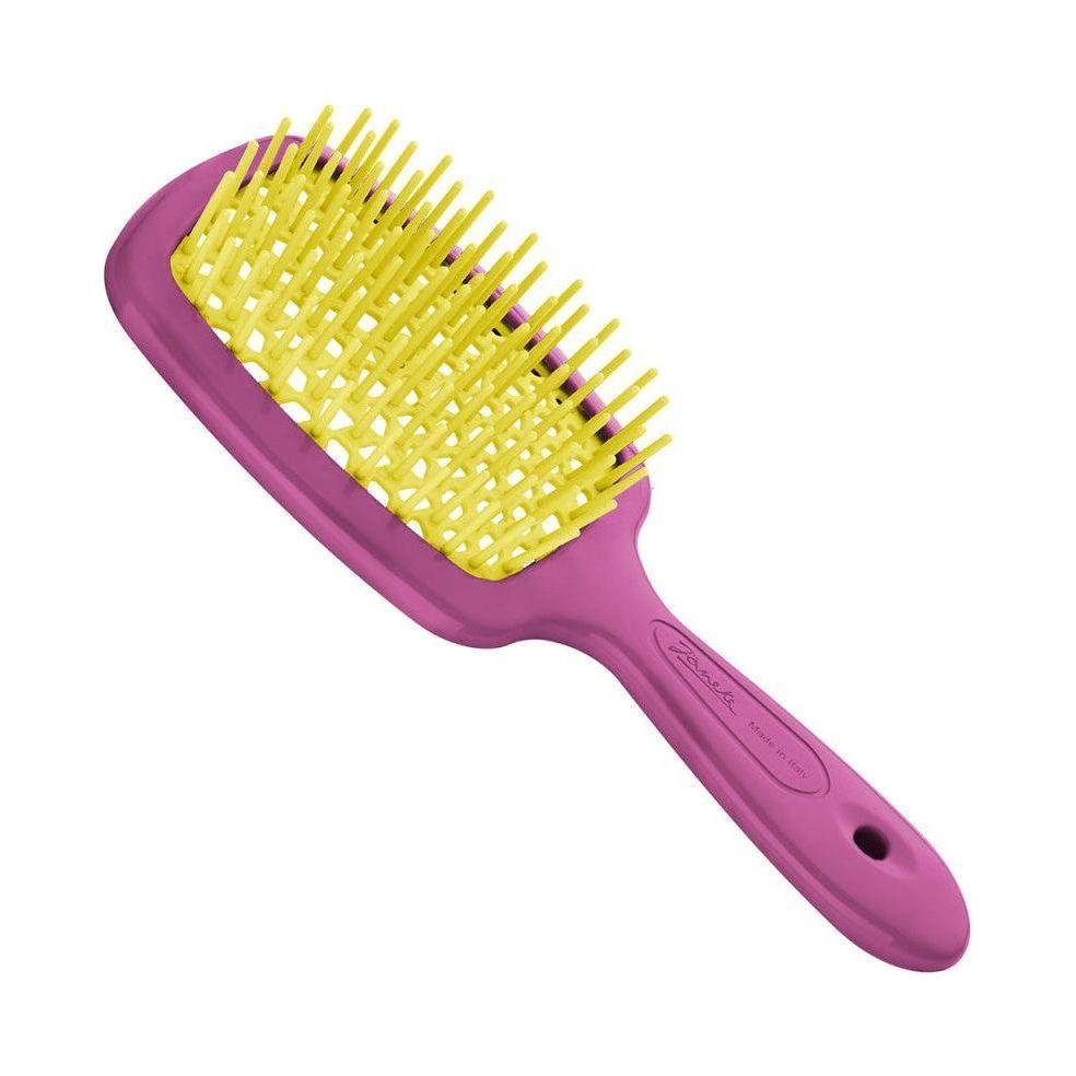 Janeke Superbrush Small hair brush in fuchsia and yellow with a compact design for easy styling and detangling.