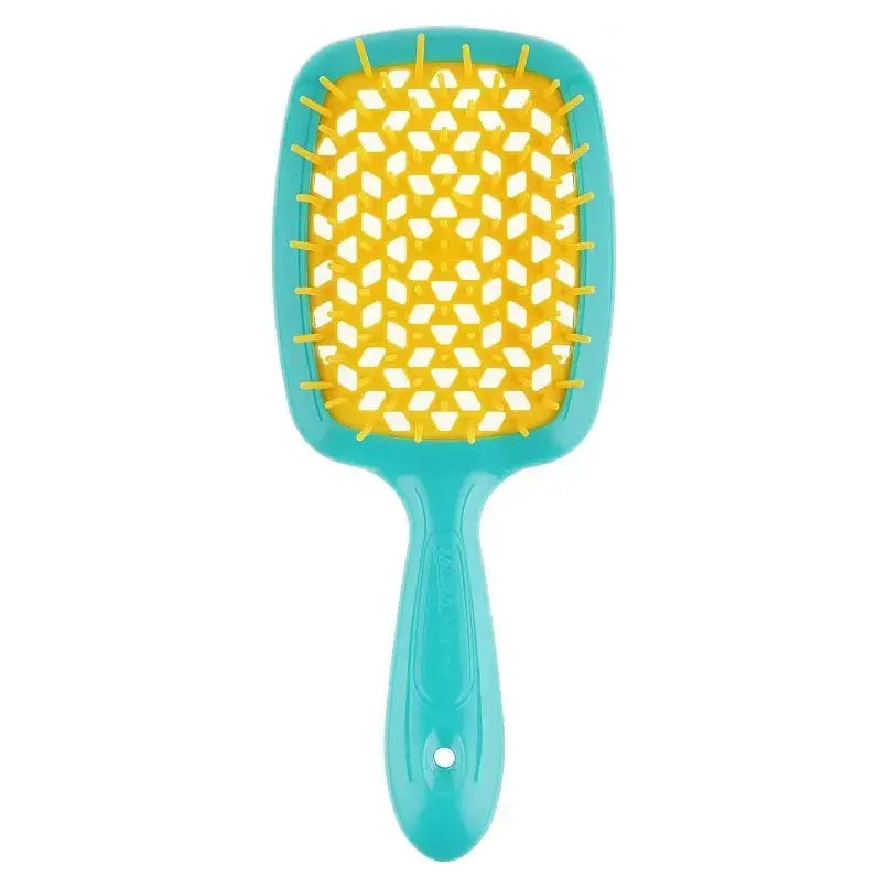 Janeke SuperBrush turquoise and yellow hair brush with ergonomic handle, designed for smooth detangling and styling.