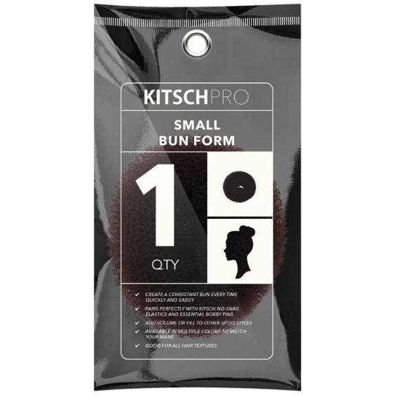 Small brown Kitsch Bun Form hair bun maker by Pasteur Pharmacy, used for creating sleek, polished hair buns.
