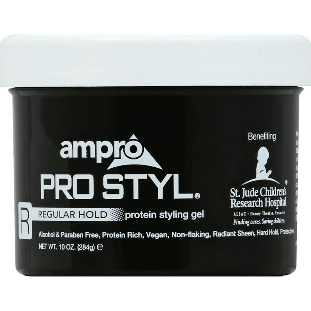 Ampro Pro Styl Protein Styling Gel in 10 oz jar, regular hold, for hair styling and control.