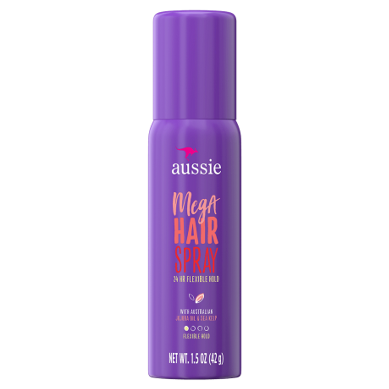 Aussie Hairspray with flexible hold in a 1.5 oz spray bottle, perfect for styling and maintaining hair hold.
