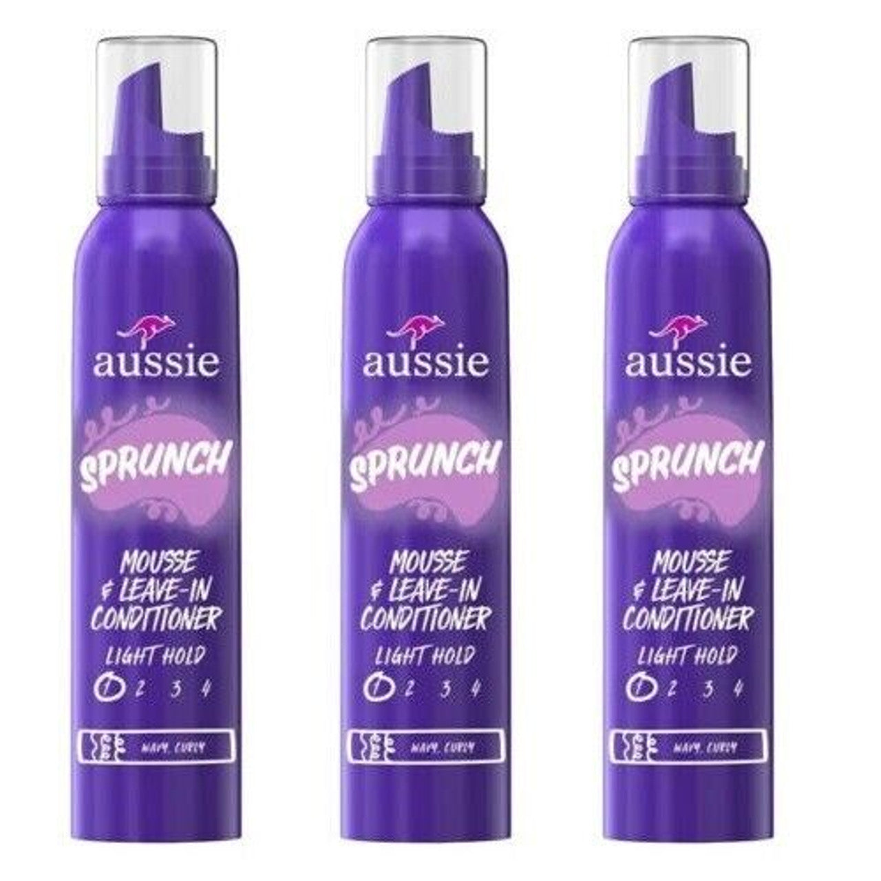 Aussie Sprunch Mousse Leave-In Conditioner in a 6 oz bottle, lightweight hair care product with light hold for styled hair.