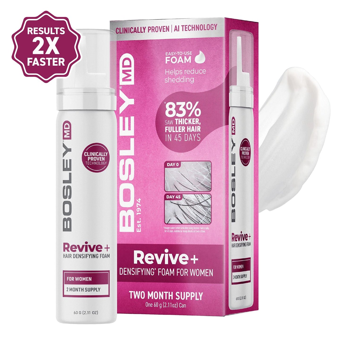 Bosley Revive Regrowth Hair Care product in a 60g container, featuring natural ingredients for hair restoration and growth.