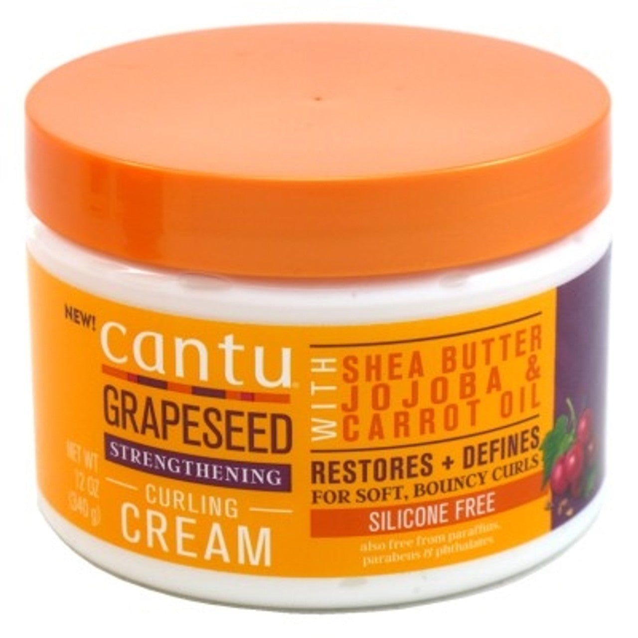 Cantu Grapeseed Strengthening Curling Cream for hair, 12oz, showcasing the product jar and label with curly hair background.