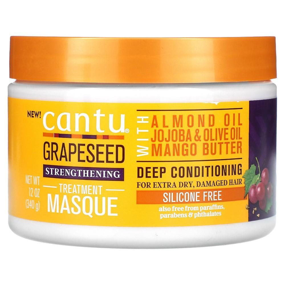 Cantu Grapeseed Strengthening Treatment Masque in a 12 oz jar, hair care product for nourishing and strengthening hair.