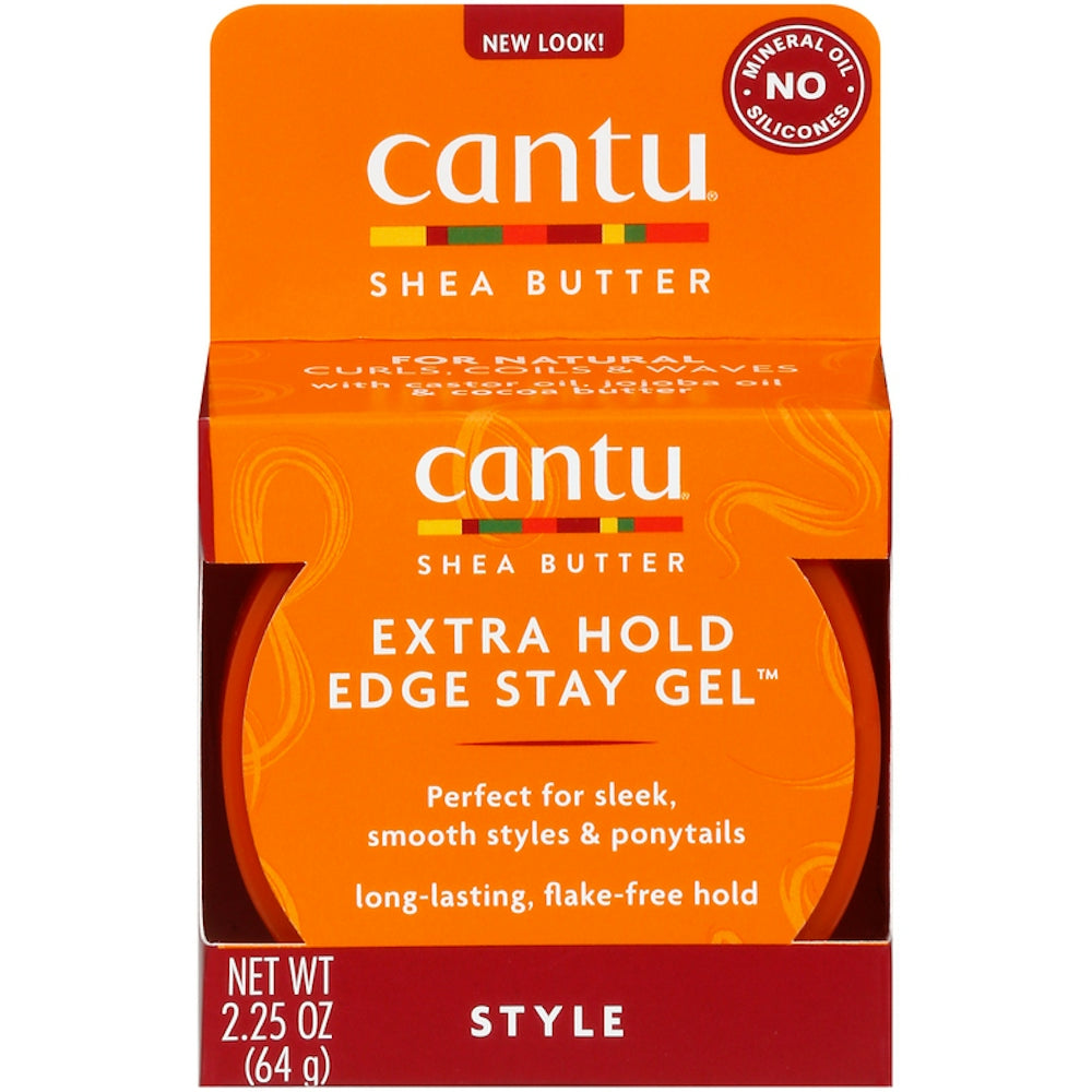 Cantu Shea Butter Extra Hold Edge Stay Gel for hair, providing long-lasting shine and control in a 2.25 oz jar.