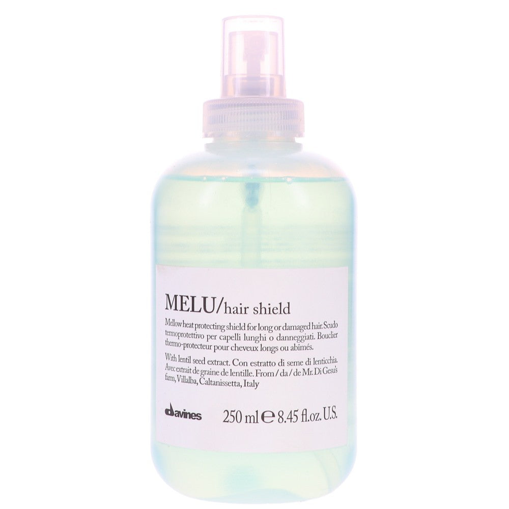 Davines MELU Heat Protecting Hair Shield spray, 8.45 oz, for protecting hair from heat damage, in a pump bottle.