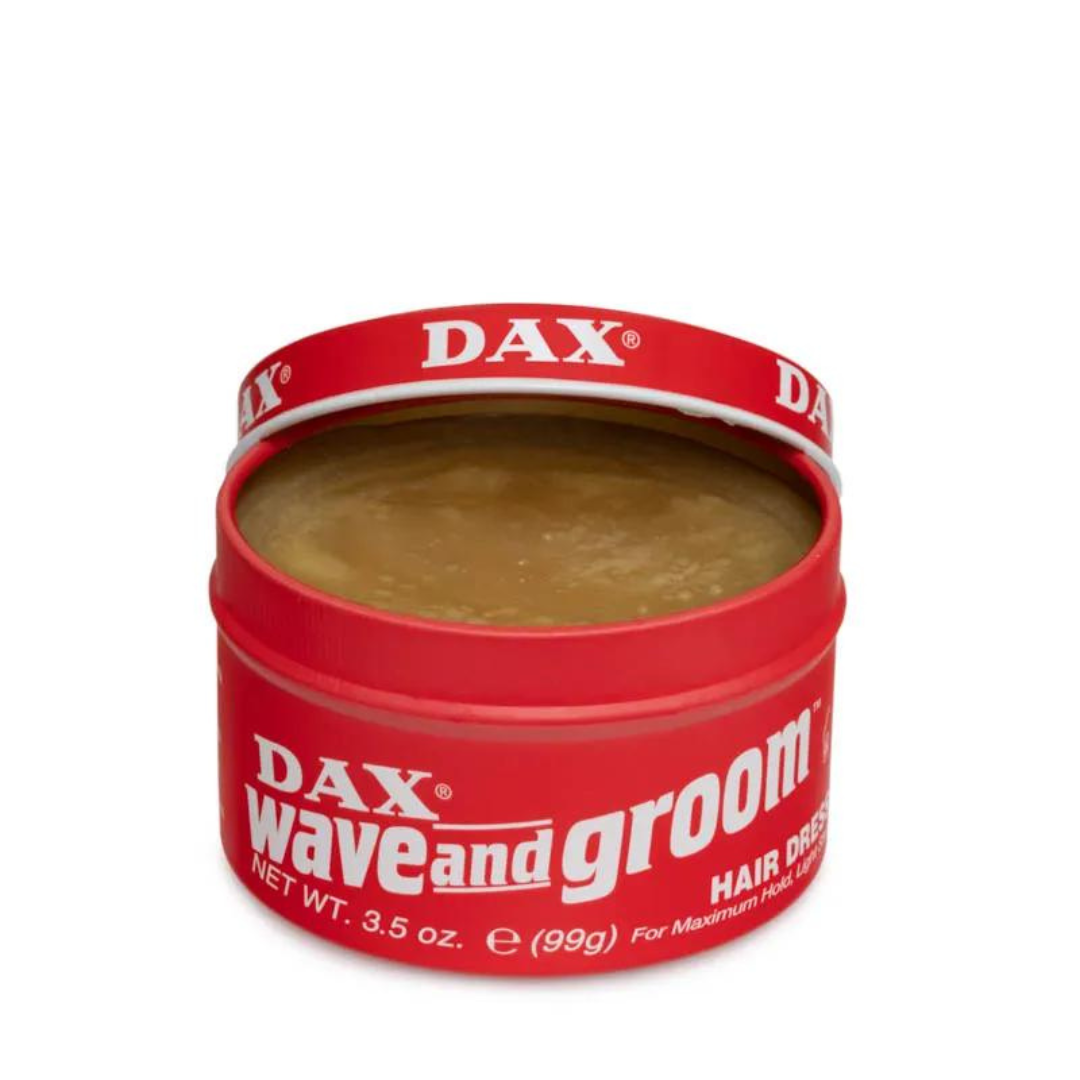 Dax Wave and Groom Hair Dress in red jar, 3.5 oz, hair care product for styling and grooming, featuring a red container.