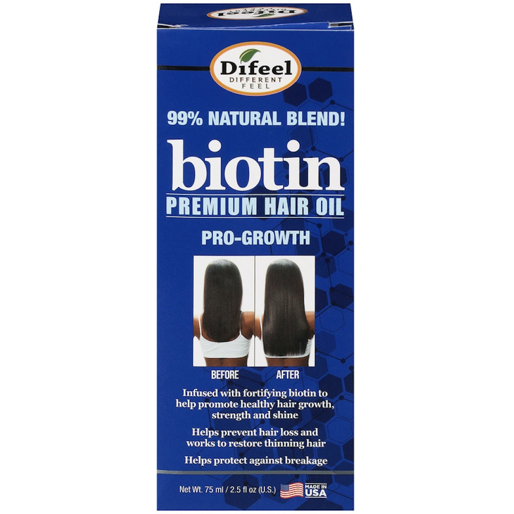 Difeel Biotin Premium Hair Oil in 2.5 Fl Oz bottle, a hair care product designed to nourish and strengthen hair.