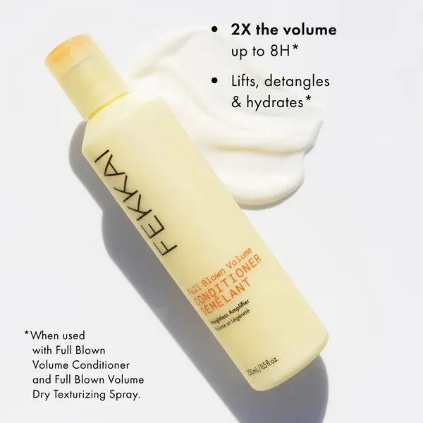 Fekkai Full Blown Volume Conditioner for hair, 8 fl oz, in a white bottle with a pump dispenser, designed to add volume and fullness.