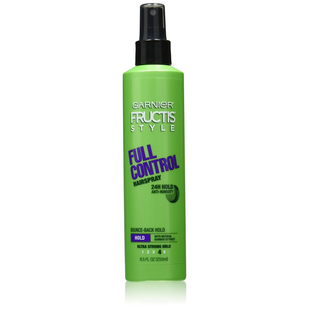 Garnier Fructis Style Full Control non-aerosol hairspray with ultra-strong hold in an 8.5 oz spray bottle, hair care product.
