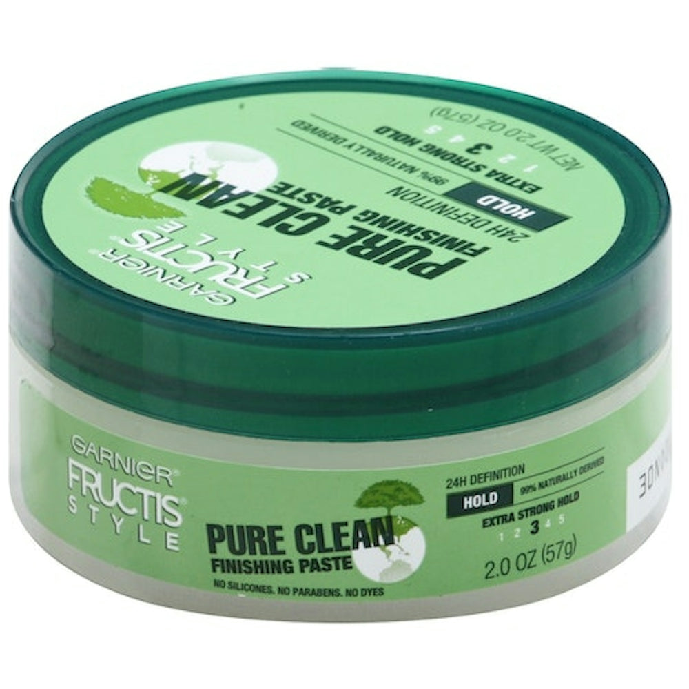 Garnier Fructis Pure Clean Finishing Paste, 2 oz, extra strong hold hair styling product with a sleek black and green packaging