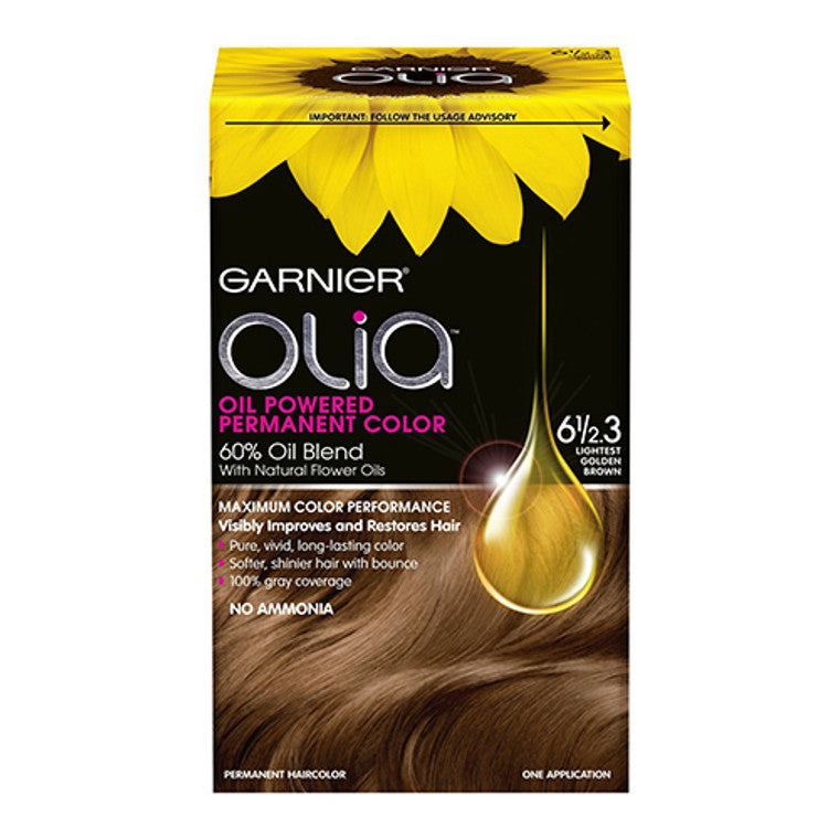 Garnier Oil Powered Permanent Hair Color in Lightest Golden Blonde, showing the vibrant hair shade and packaging.