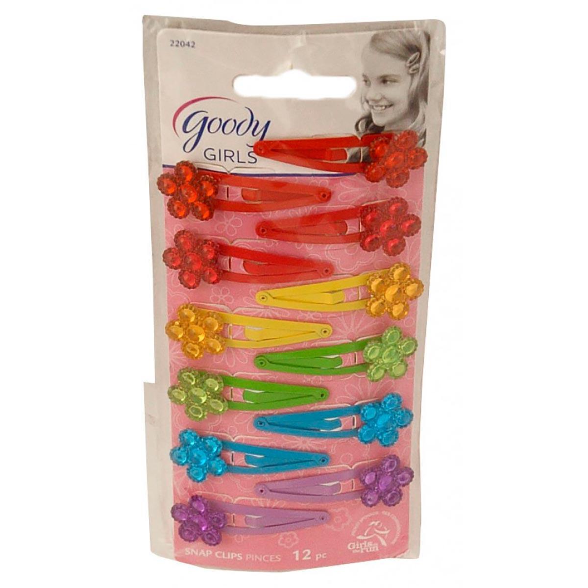 Goody Floral Snap Clips for hair care, featuring colorful floral designs, shown clipped in hair for a stylish look.