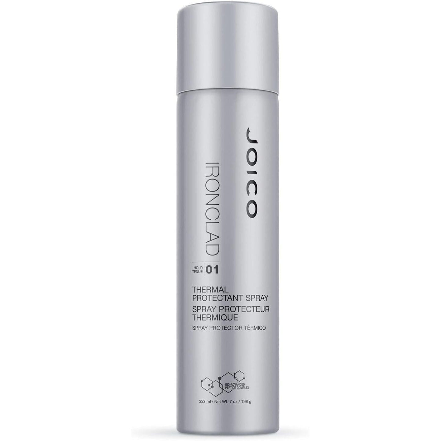 Joico Ironclad Thermal Protectant Spray 7 oz for hair care, featuring a spray bottle with a white cap and label.