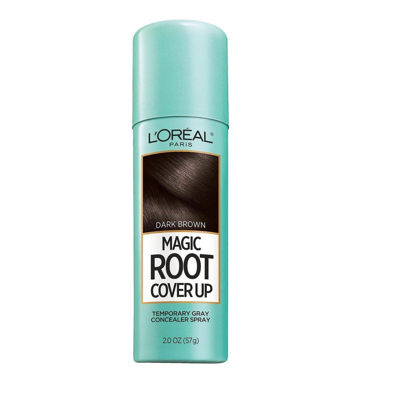 L'Oreal Paris Magic Root Cover Up dark brown temporary gray concealer spray for hair, 2 oz, showing the spray bottle and nozzle.