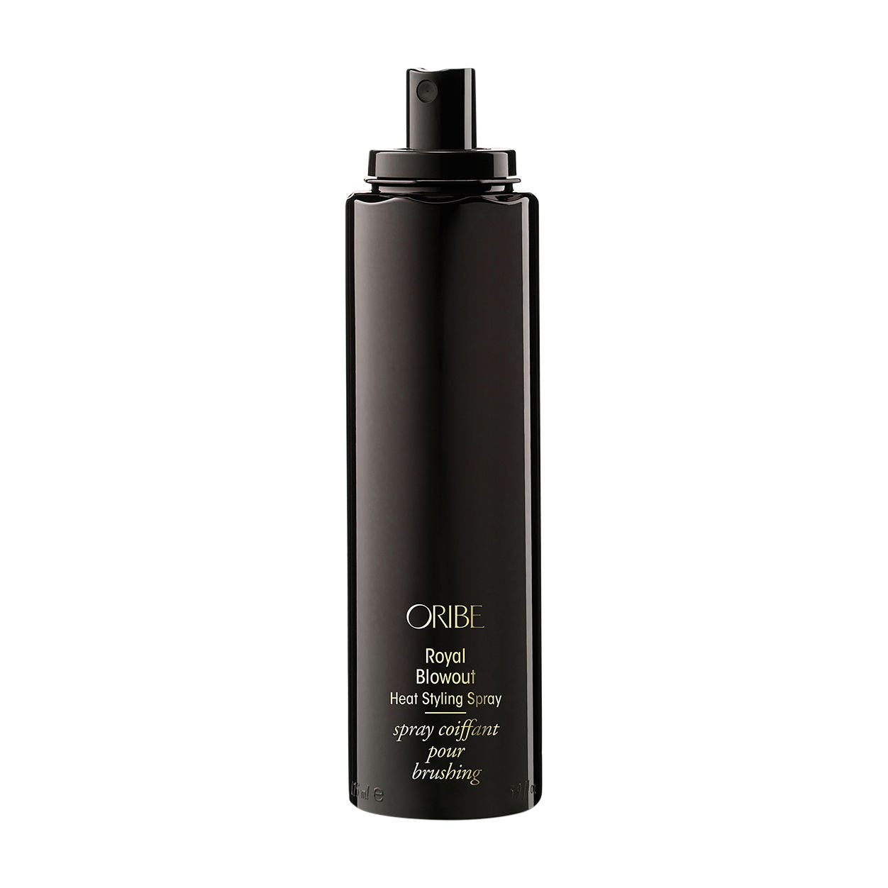 Oribe Royal Blowout heat styling spray for hair care, with a spray bottle and sleek packaging visible in the image.
