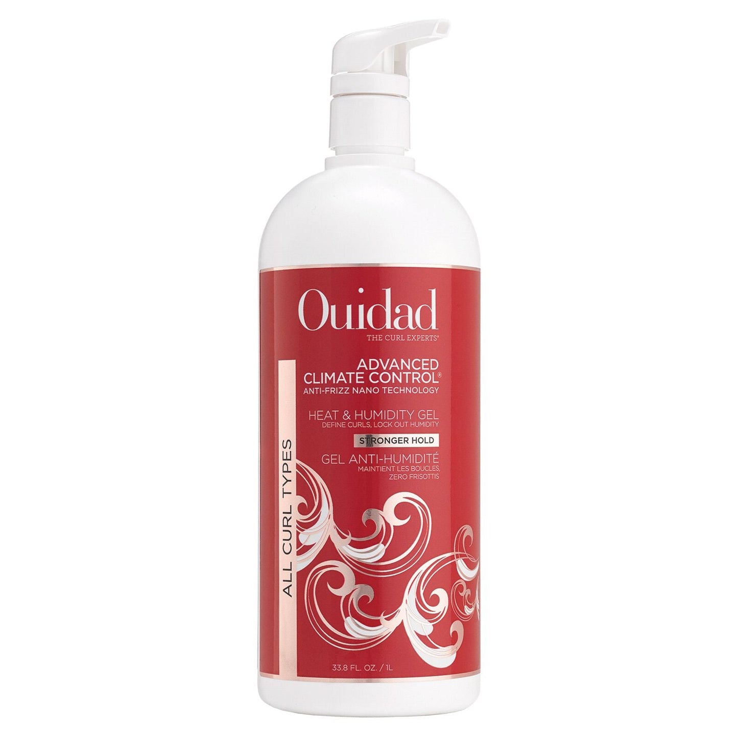 Ouidad Advanced Climate Control Heat & Humidity Gel for stronger hold, in a hair care product image showing the gel container