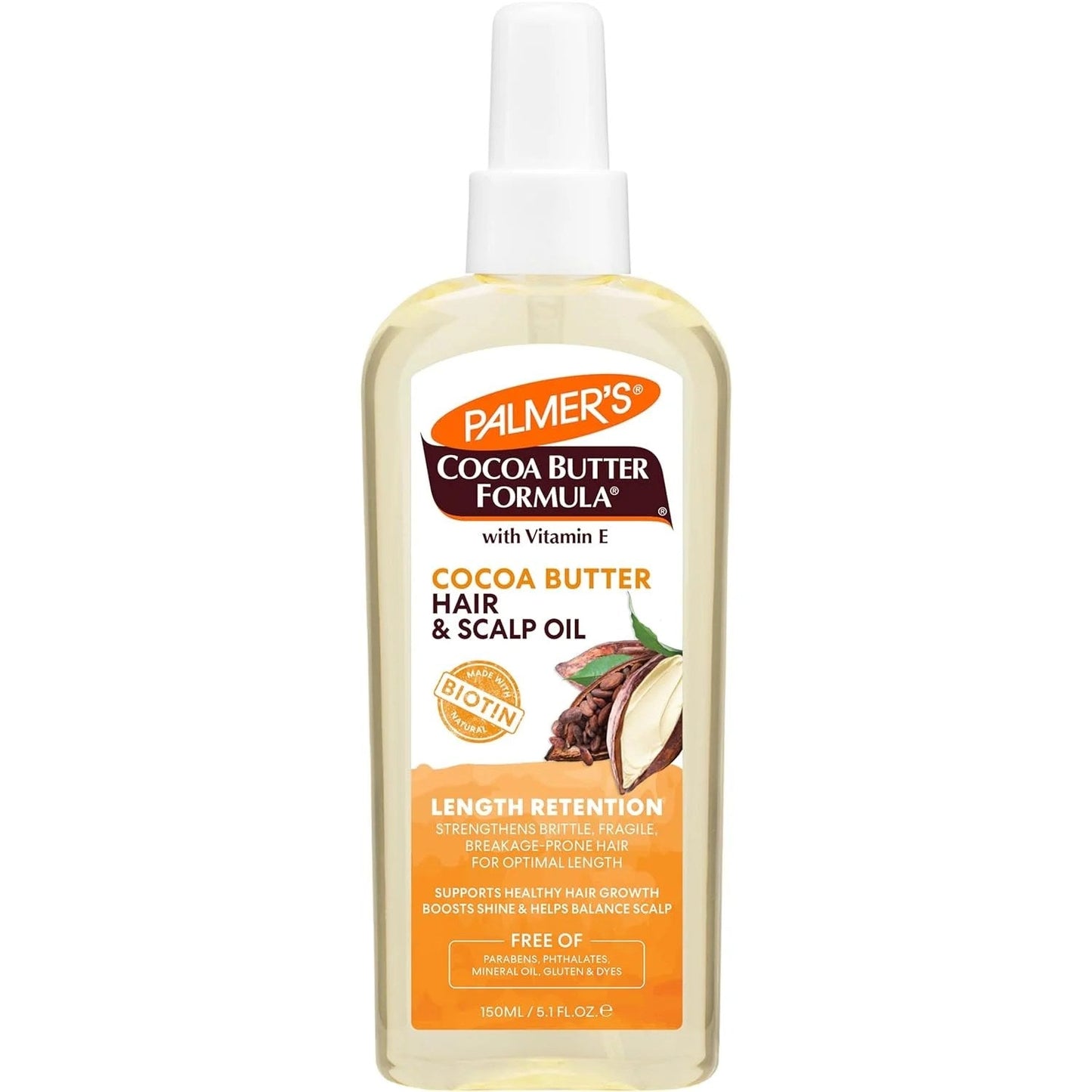 Palmer's Cocoa Butter & Biotin Length Retention Hair and Scalp Oil in 5.1 oz bottle, designed for nourishing hair and scalp health.
