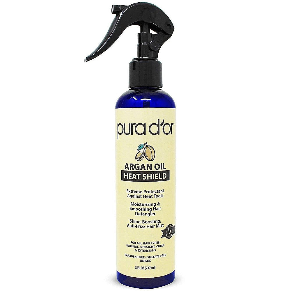 Purador Heat Shield spray from Pasteur Pharmacy, 8oz, for protecting hair from heat styling damage.