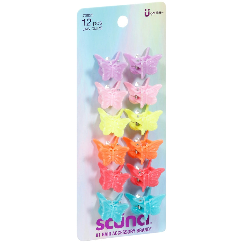 Colorful Scunci Butterfly Bright Colors Mini Jaw Clips for hair, shown in a pack of 12 on a white background.