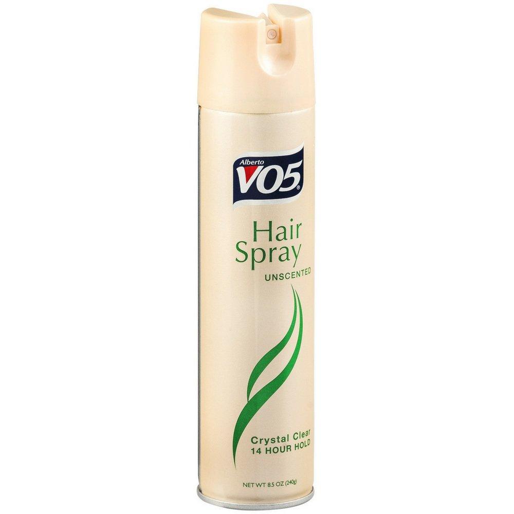 VO5 Unscented Hair Spray in 8.5 oz aerosol with crystal-clear formula and 14-hour hold, designed for durable hair styling.