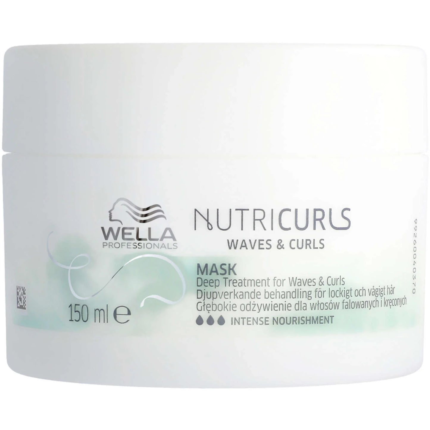 Wella Waves & Curls Deep Treatment Mask for hair care, shown in a jar with smooth, curly hair in the background.