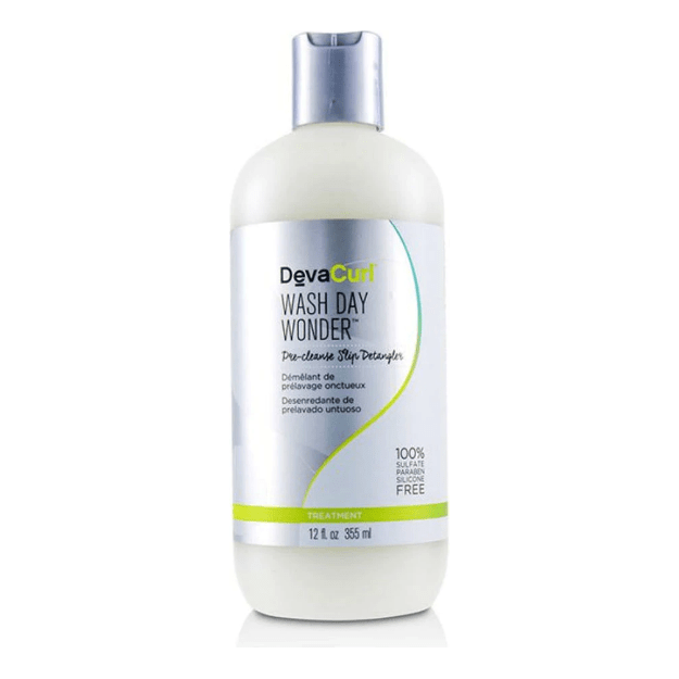 DevaCurl Wash Day Wonder hair care product in 12 oz bottle, designed for curly hair hydration and scalp cleansing.