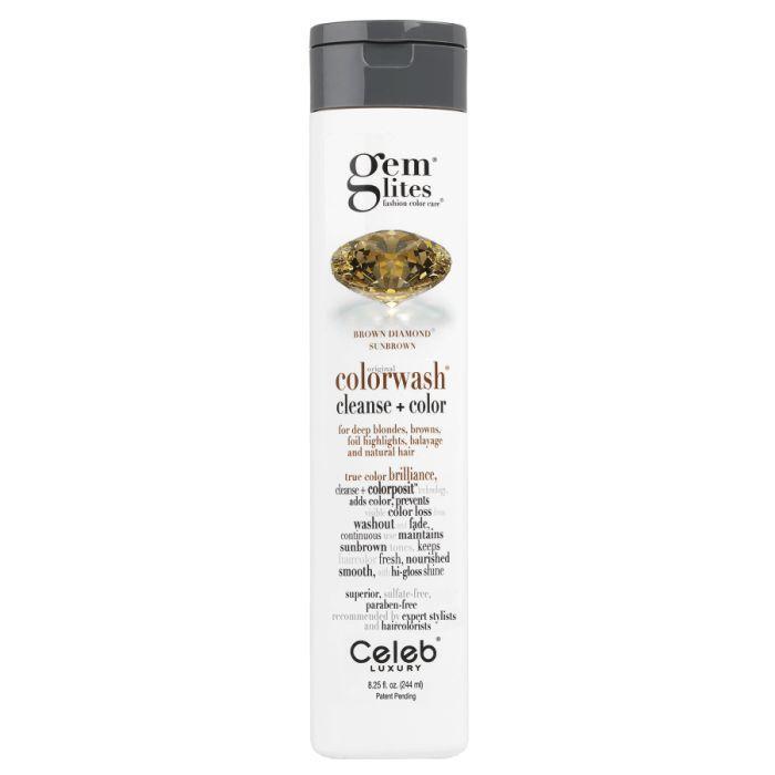 Celeb Luxury Gem Lites Colorwash Brown Diamond hair color in 8.25 oz bottle, showcasing the product's packaging and rich brown shade.