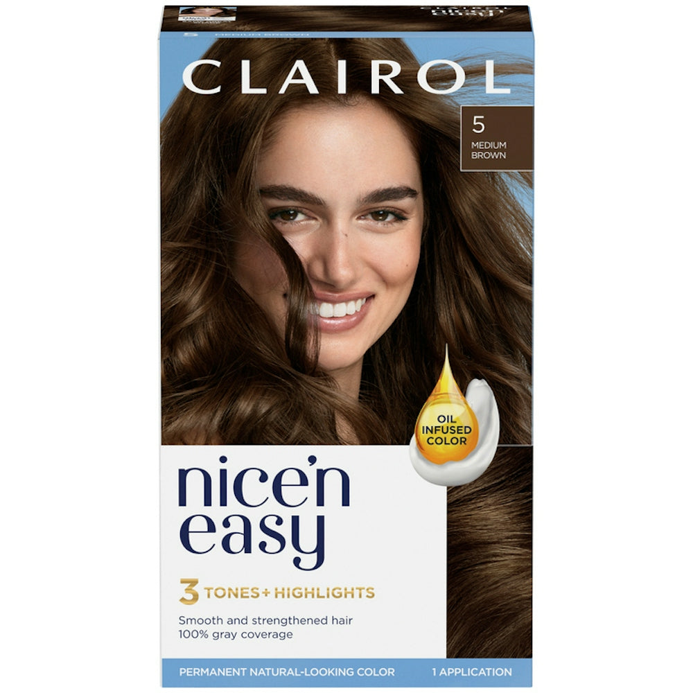 Clairol Nice 'N Easy permanent hair color kit in 118 Natural Medium Brown showing box and hair color application.