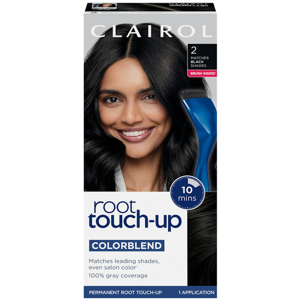 Clairol Nice N Easy Root Touch Up Permanent Hair Color Kit with black color, including applicator and developer bottles.
