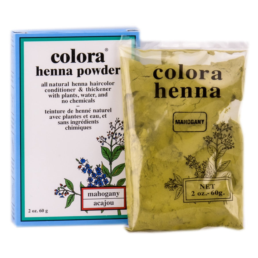 Colora Henna Powder Hair Color in Mahogany, 2oz, natural hair dye by Pasteur Pharmacy, showcasing the vibrant reddish-brown hue.