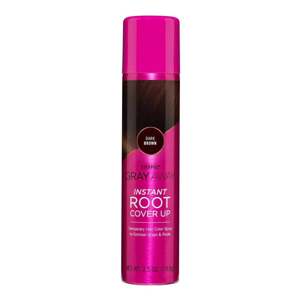 Everpro Gray Away dark brown root cover-up spray for hair, 2.5oz, with natural-looking instant gray root concealing coverage.