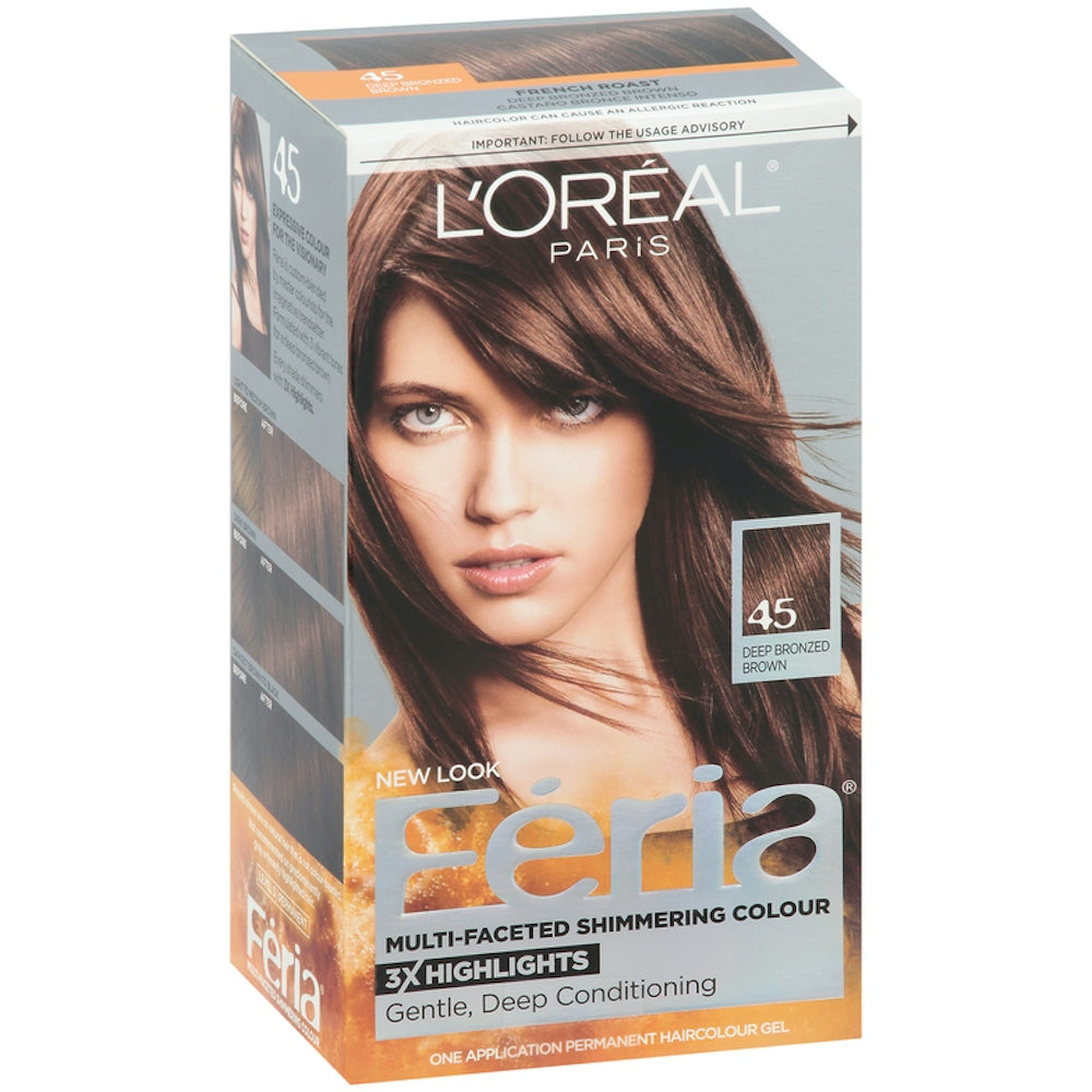L'Oréal Paris Feria multi-faceted permanent hair color in Deep Bronzed Brown, showcasing the vibrant, rich hair shade.