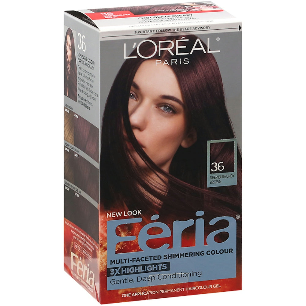 Feria L'Oreal Paris Permanent Hair Color 36 Deep Burgundy Brown tube, vibrant hair dye for rich, long-lasting color.