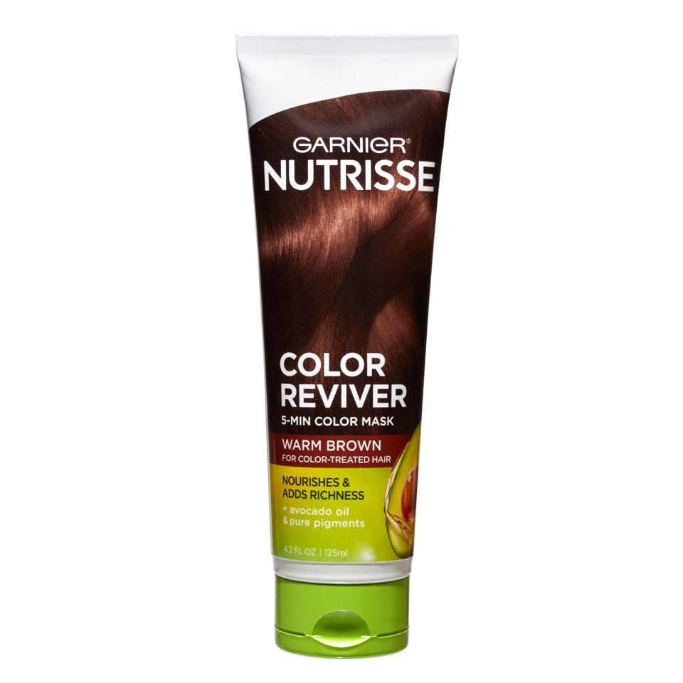 Garnier Nutrisse 5 Min Color Hair Mask in Warm Brown, 4.2 Fl Oz, showing the product tube and packaging.