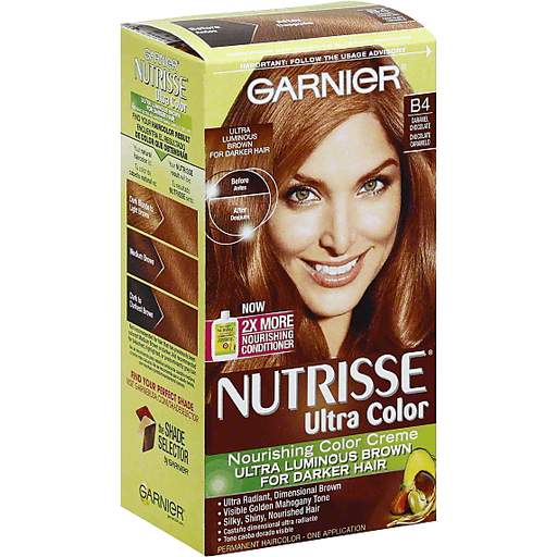 Garnier Nutrisse Ultra Color B4 Caramel Chocolate hair color tube for rich, chocolate caramel shade, shown in packaging.