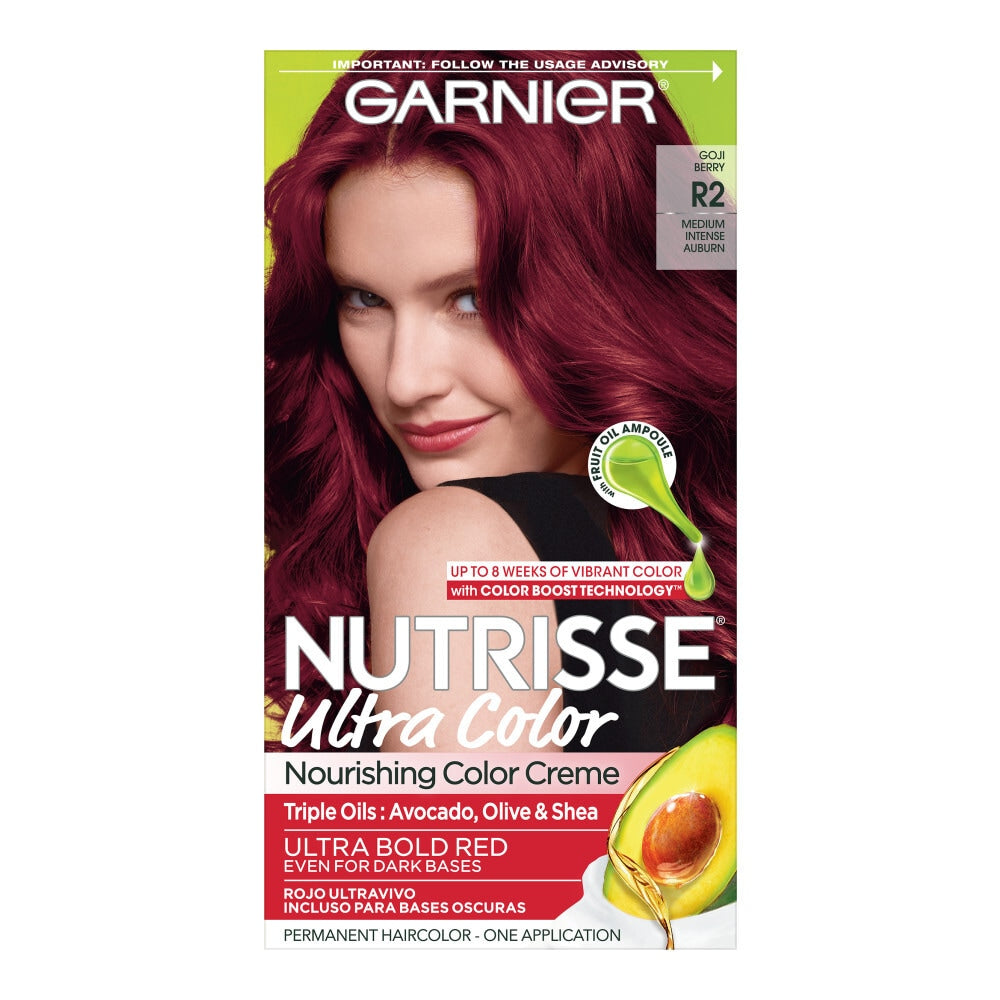 Garnier Nutrisse Ultra Hair Color R2 Medium Intense Auburn in a box, showcasing the hair color product on a white background.
