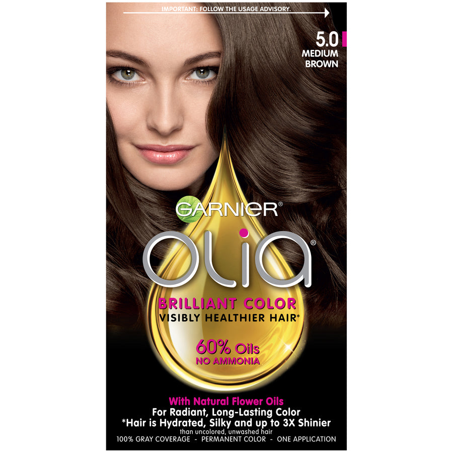 Garnier Olia Brilliant Color medium brown hair color kit with hair dye, gloves, and applicator for vibrant, natural-looking hair.