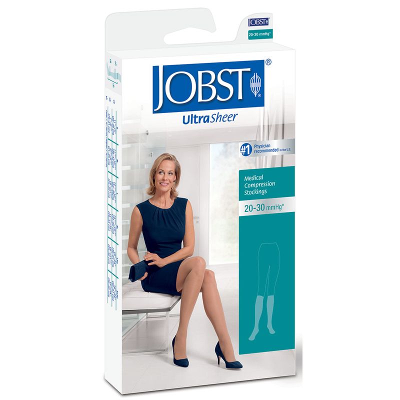 Jobst UltraSheer women's waist-high compression stockings in black, 20-30 mmHg, designed for medical support and leg comfort