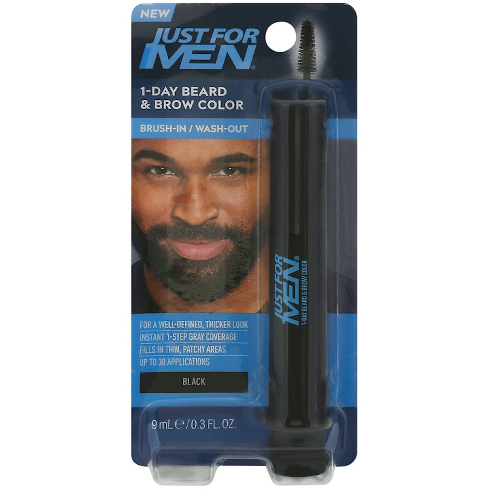 Just For Men 1-Day Temporary Beard and Brow Color in black, 0.3 fl oz, showing the hair color bottle and applicator.